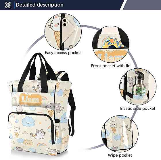 Personalized Diaper Bag Backpack with Custom Name, Ice Cream Rainbow Kitten Customizable Name Diaper Richmond