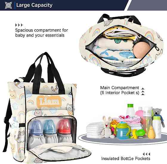 Personalized Diaper Bag Backpack with Custom Name, Ice Cream Rainbow Kitten Customizable Name Diaper Richmond