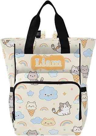 Personalized Diaper Bag Backpack with Custom Name, Ice Cream Rainbow Kitten Customizable Name Diaper