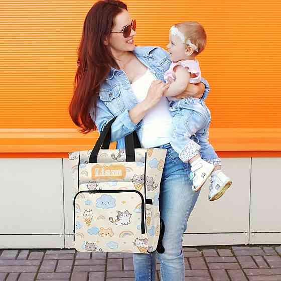 Personalized Diaper Bag Backpack with Custom Name, Ice Cream Rainbow Kitten Customizable Name Diaper Richmond