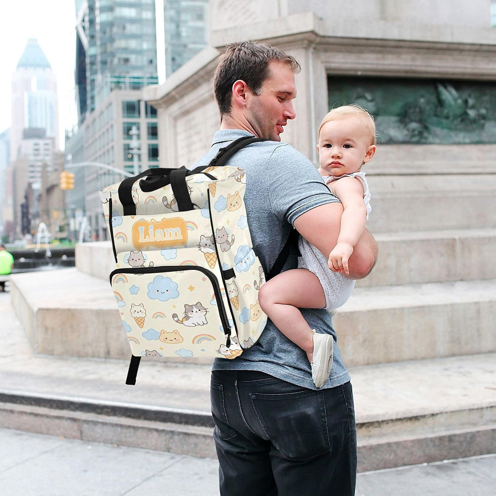 Personalized Diaper Bag Backpack with Custom Name, Ice Cream Rainbow Kitten Customizable Name Diaper Richmond - photo 7