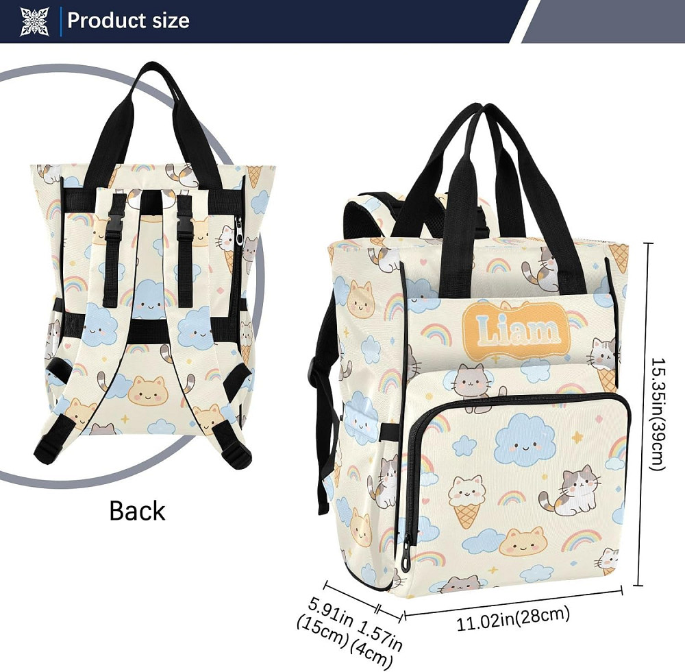 Personalized Diaper Bag Backpack with Custom Name, Ice Cream Rainbow Kitten Customizable Name Diaper Richmond - photo 3