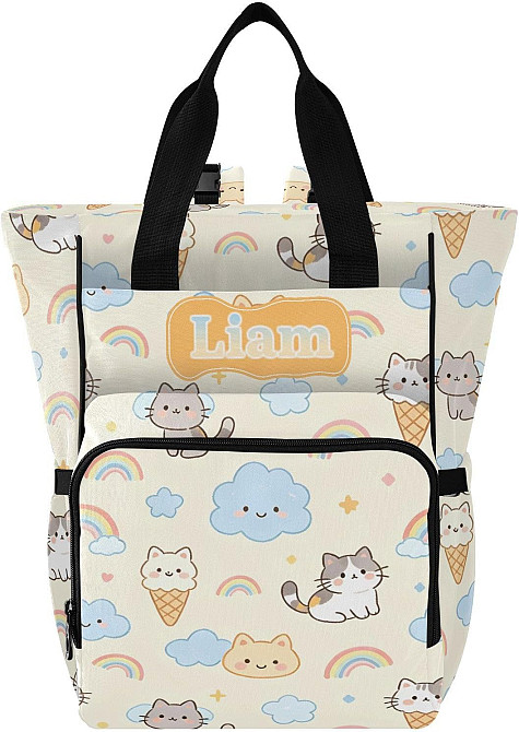 Personalized Diaper Bag Backpack with Custom Name, Ice Cream Rainbow Kitten Customizable Name Diaper Richmond - photo 1