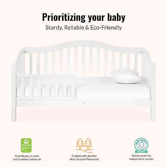 Dream On Me Austin Toddler Day Bed with Rails in White, Low to Floor Toddler Day Bed, Greenguard Gol Richmond